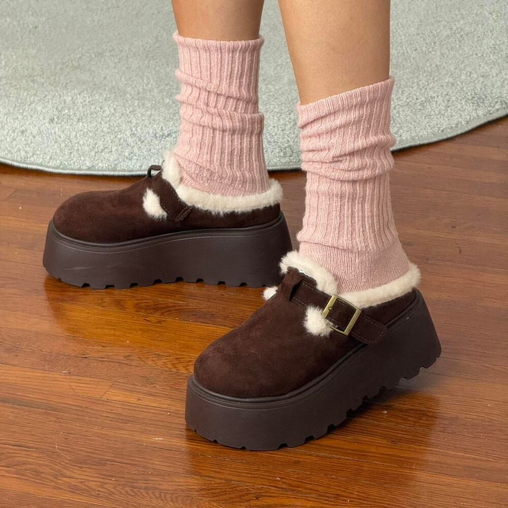 ✿ platform sherpa lined clogs ⋆ chunky brown suede mules ✿